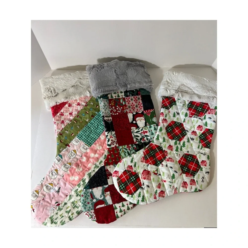 3 Quilted Christmas Stockings Faux Fur Band Red Green 16